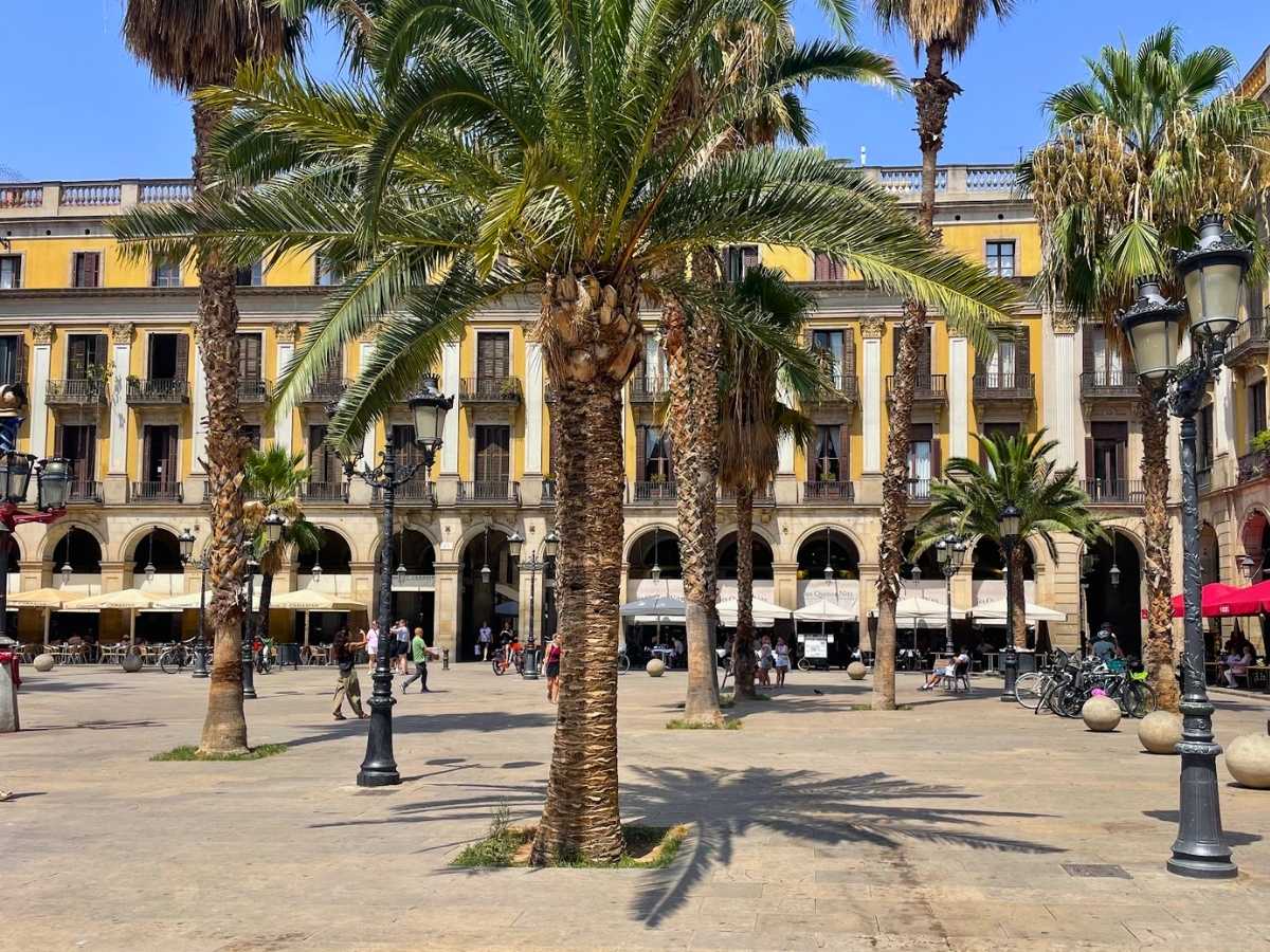Plaça Reial in Barcelona, featuring tall palm trees, outdoor cafés, ornate street lamps, and yellow buildings with arched walkways surrounding the square