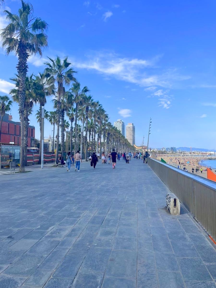 People walking along the beachfront boardwalk in Barcelona Spain