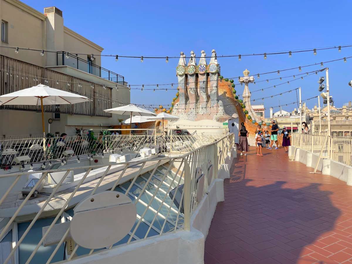 The rooftop at Casa Batllo with colorful mosaic chimneys