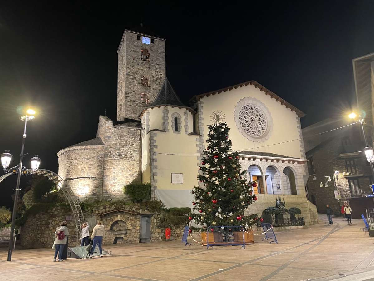 The Church of Sant Esteve in Andorra La Vella lit up at night