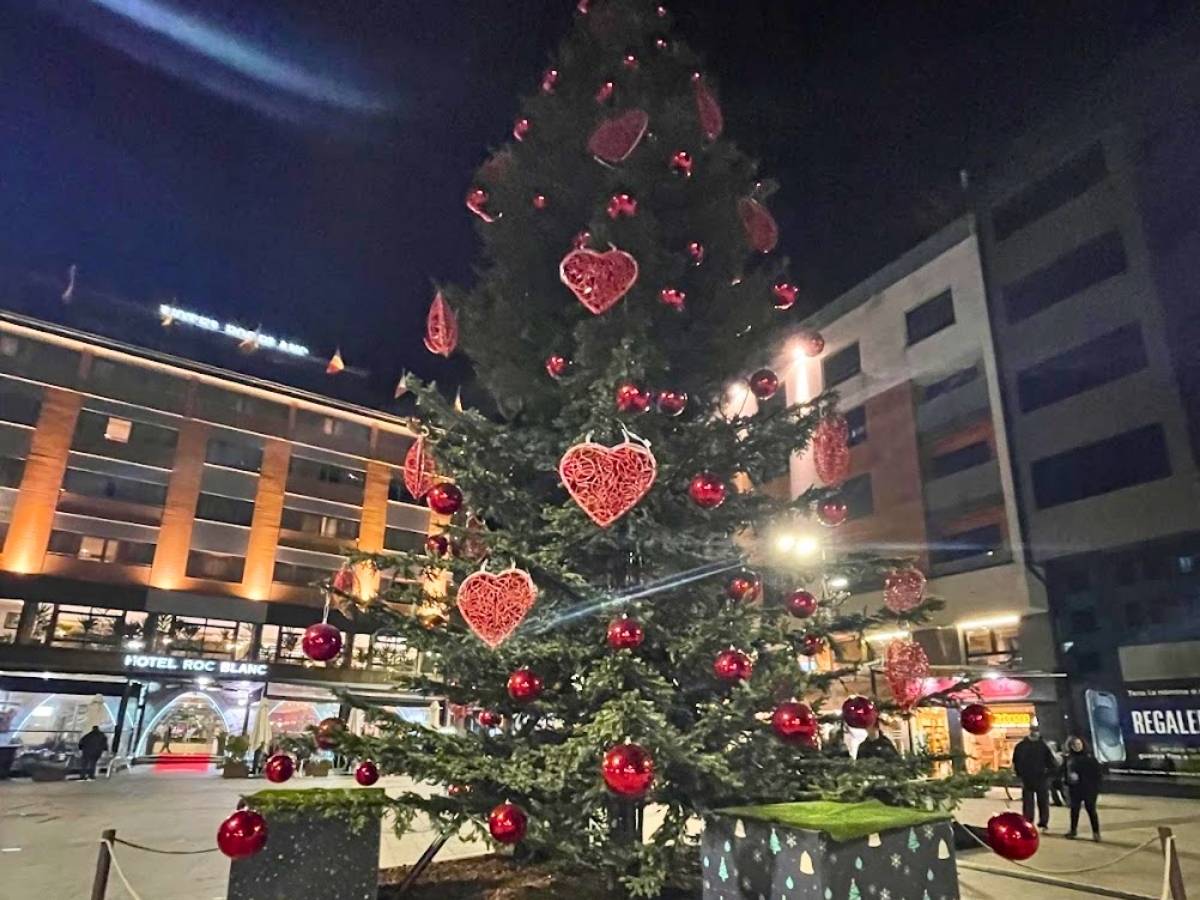A large Christmas tree set up for the holidays in Andorra la Vella