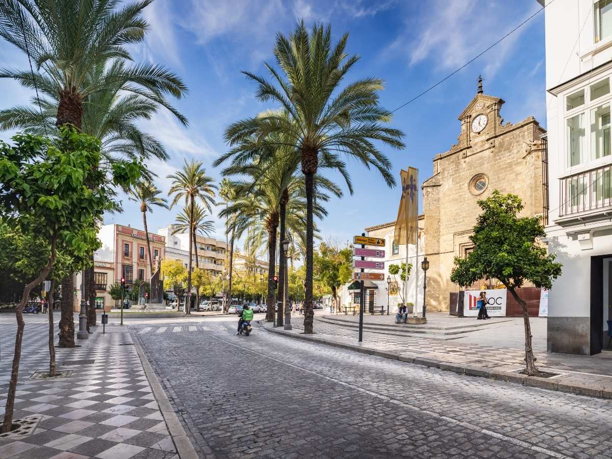 Palm-lined street in Jerez de la Frontera with historic buildings and a church under a blue sky