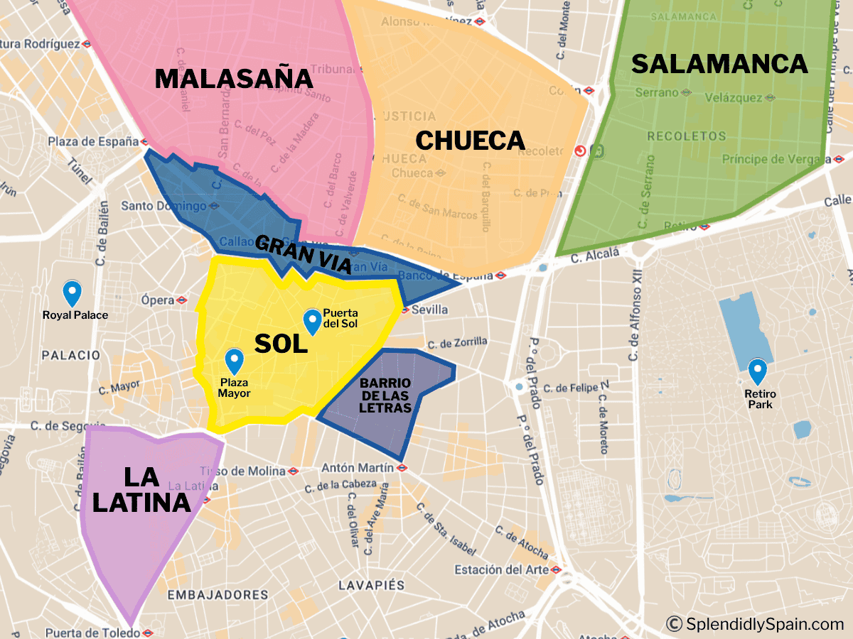 A map of Madrid neighborhoods highlighting the best areas to stay in Madrid
