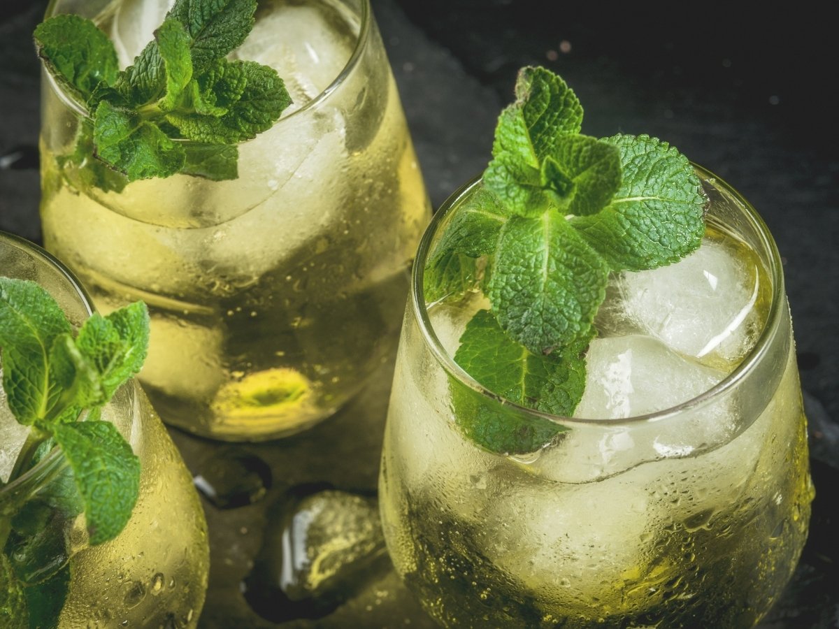 Close-up of three glasses of Rebujito, a traditional Spanish cocktail made with sherry and lemon-lime soda, served over ice and garnished with fresh mint. 
