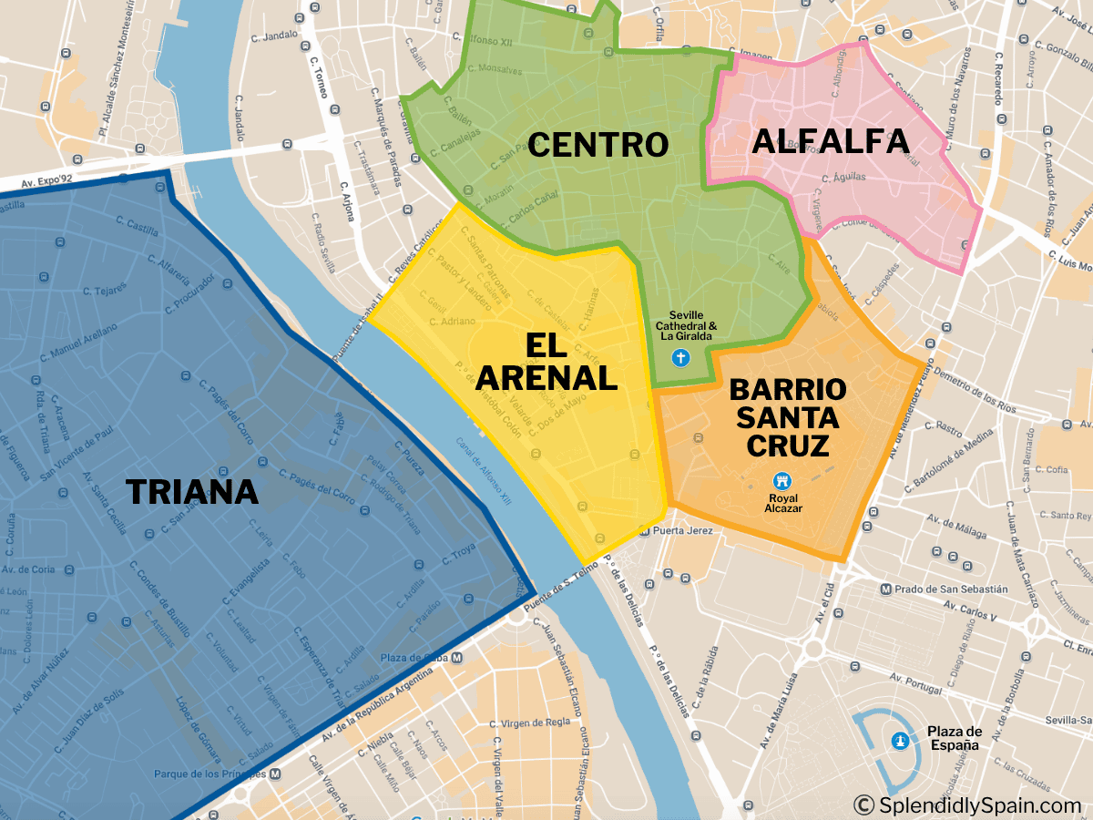 Color-coded tourist map of Seville neighborhoods highlighting areas like Triana, El Arenal, Centro, Alfalfa, and Barrio Santa Cruz