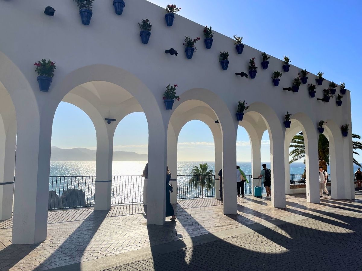White arches overlooking the Mediterranean Sea at the Balcón de Europa in Nerja Spain