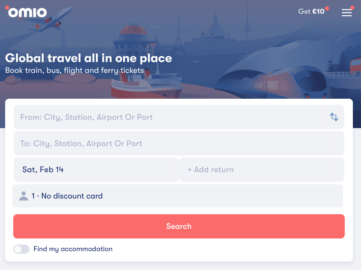 Omio homepage showing global travel search form with fields for departure destination date passengers and a red Search button under the headline Global travel all in one place
