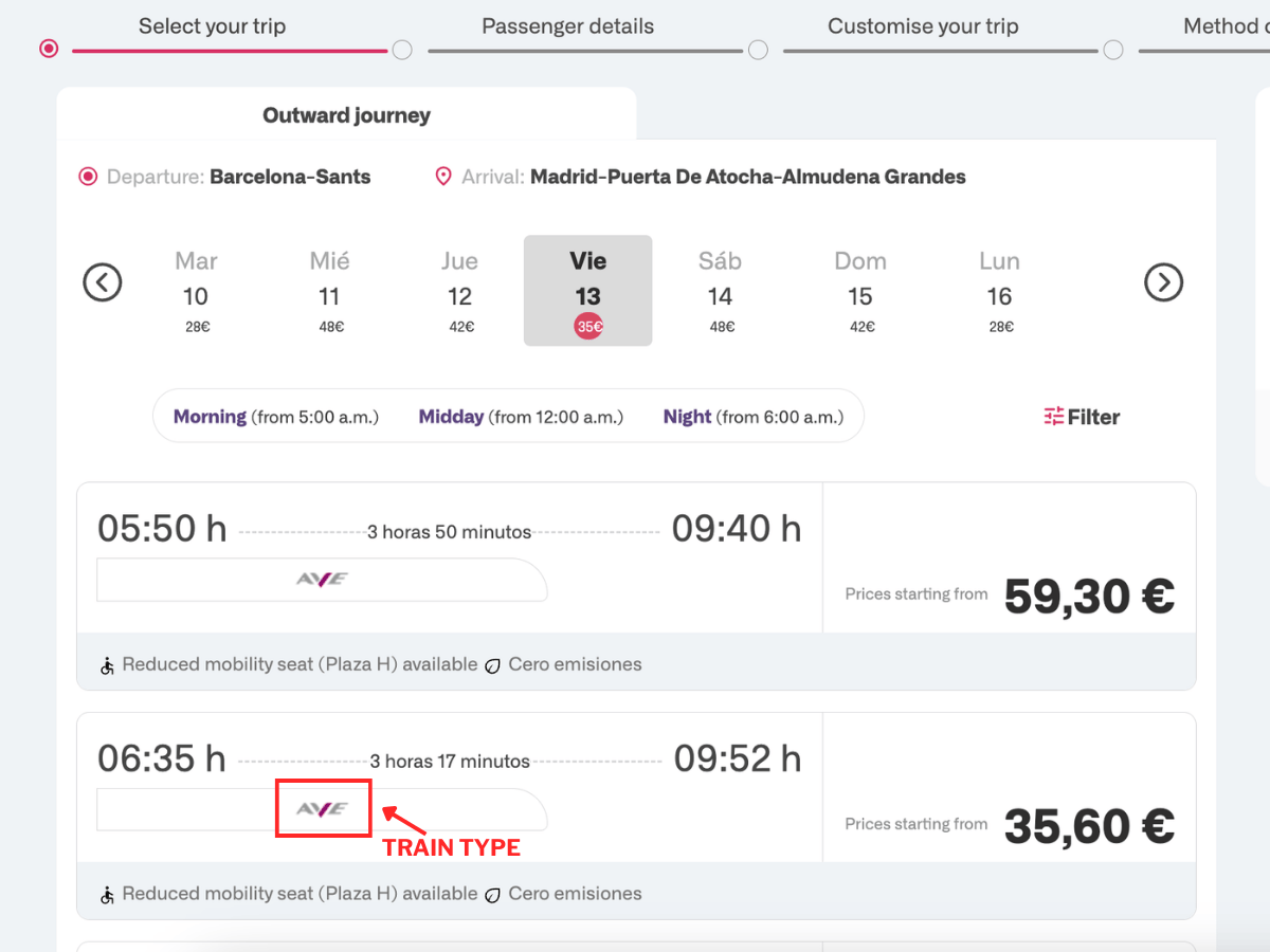 Screenshot of Renfe train results listing departure and arrival times between Barcelona Sants and Madrid with prices and AVE train type highlighted
