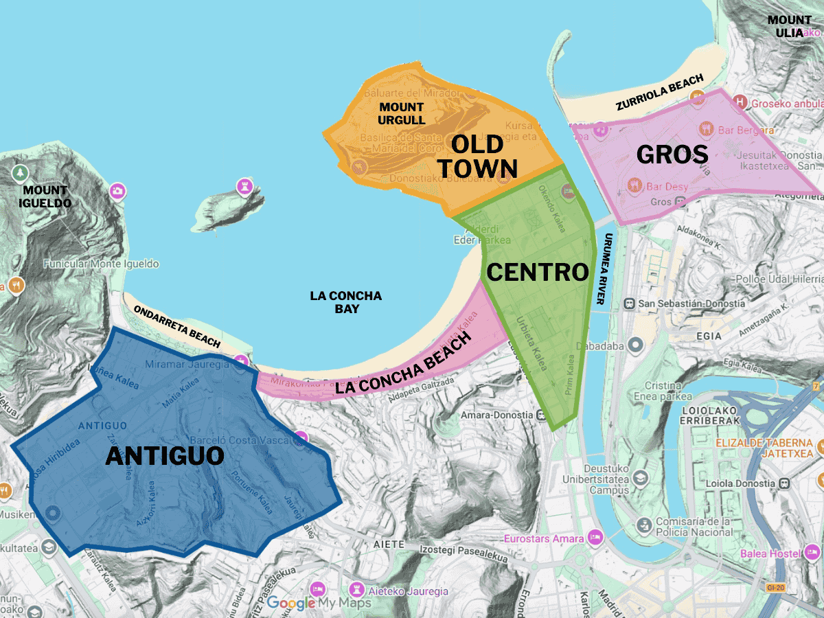 Color coded San Sebastian neighborhoods map highlighting neighborhoods and beaches around La Concha Bay in San Sebastian