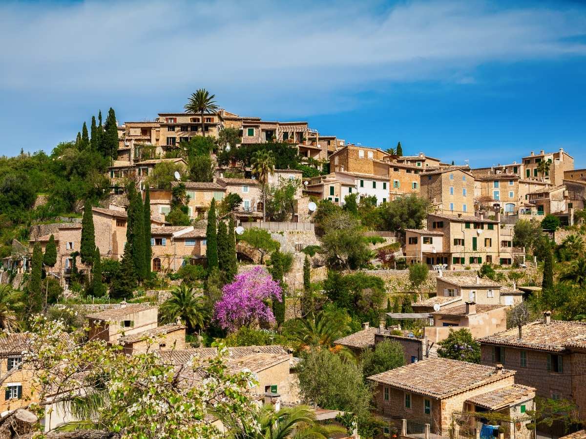 Deia old town view with clustered stone houses and cypress trees on a hillside