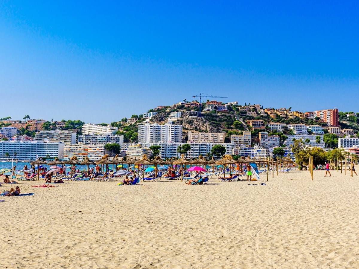 Santa Ponça beach with rows of loungers and parasols facing a hillside of hotels and apartments