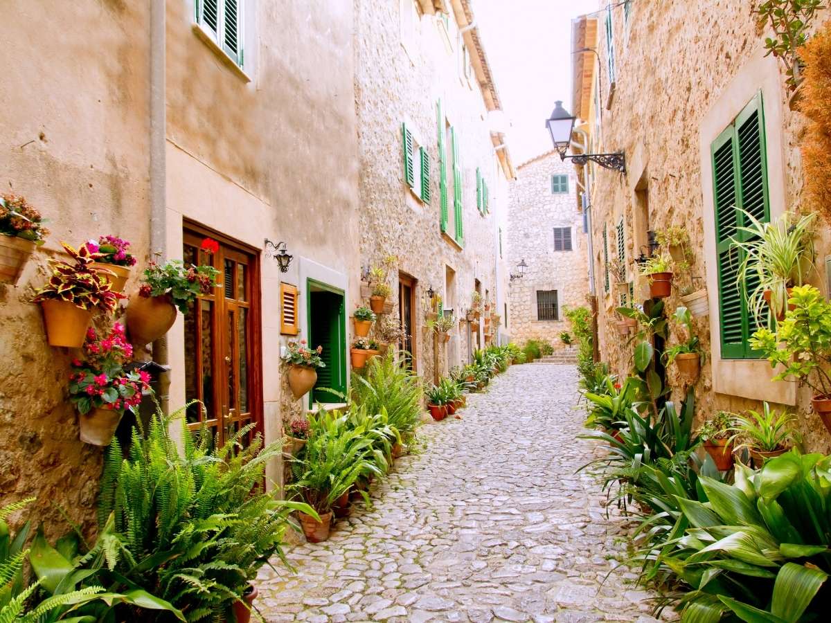 Charming cobblestone alley in Valldemossa decorated with potted plants and rustic stone houses