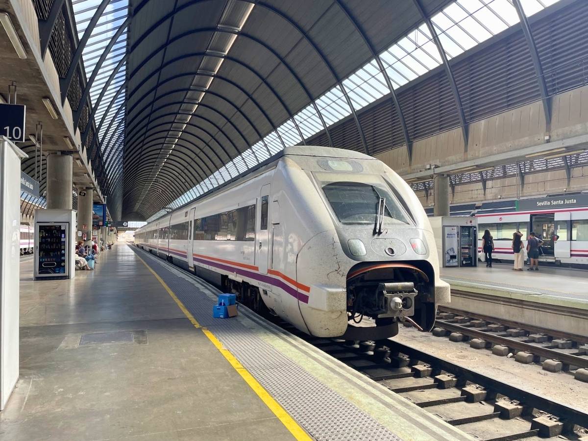 Renfe train at Seville Santa Justa station traveling toward Cádiz