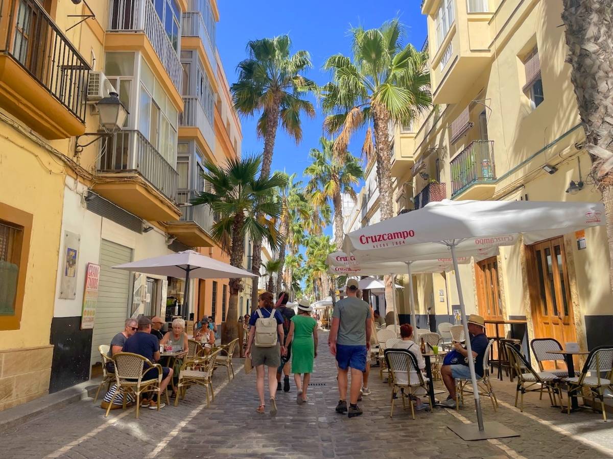 Calle Virgen de la Palma lined with palm trees and outdoor restaurants in La Viña Cádiz
