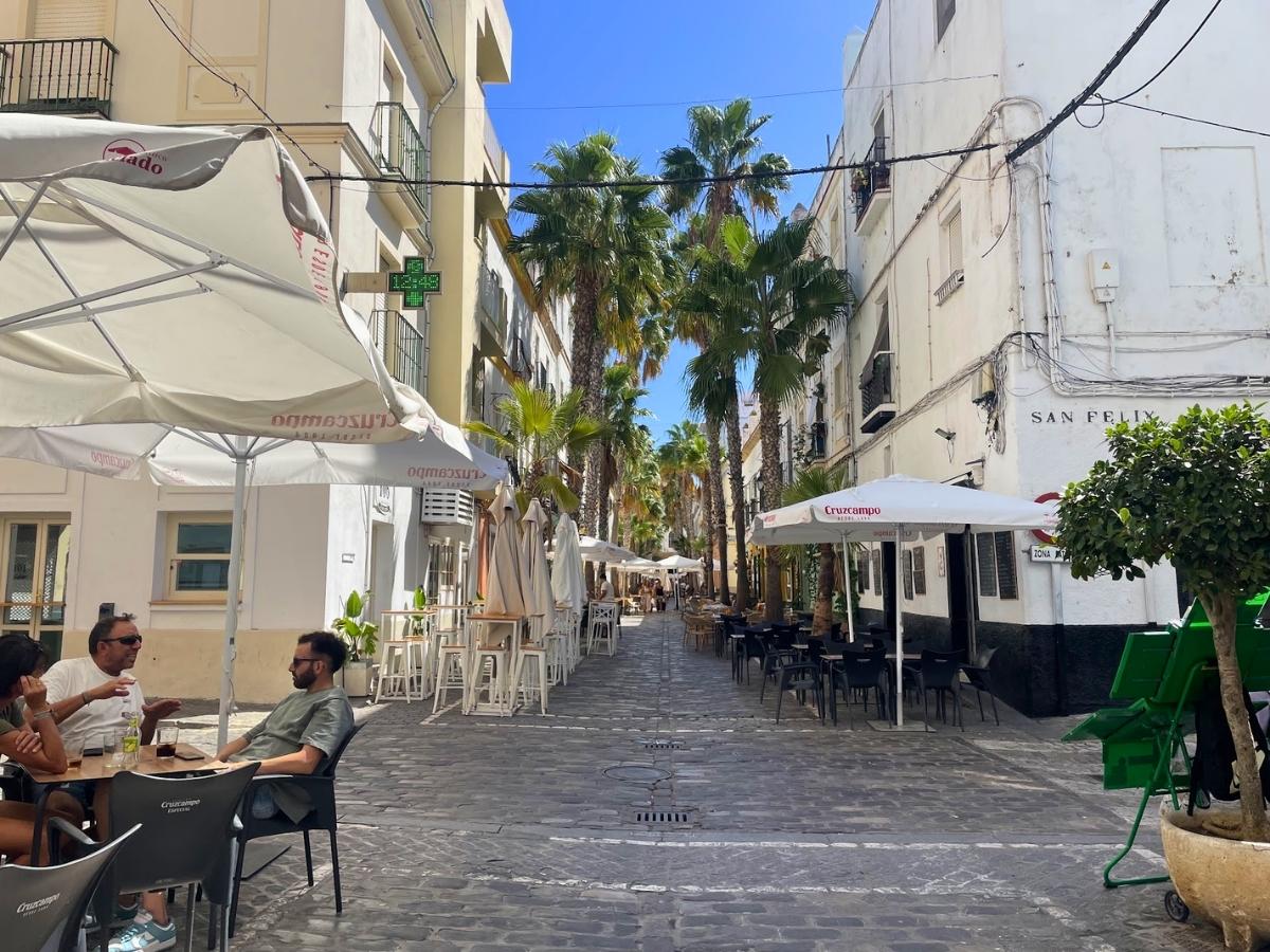 Palm-lined street with outdoor restaurants and historic buildings in La Viña neighborhood of Cádiz