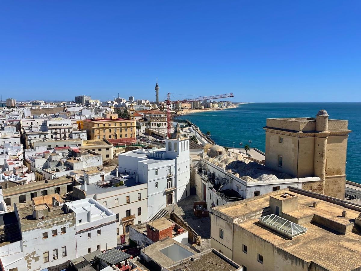 View of Cádiz rooftops and the Atlantic Ocean from above the historic center