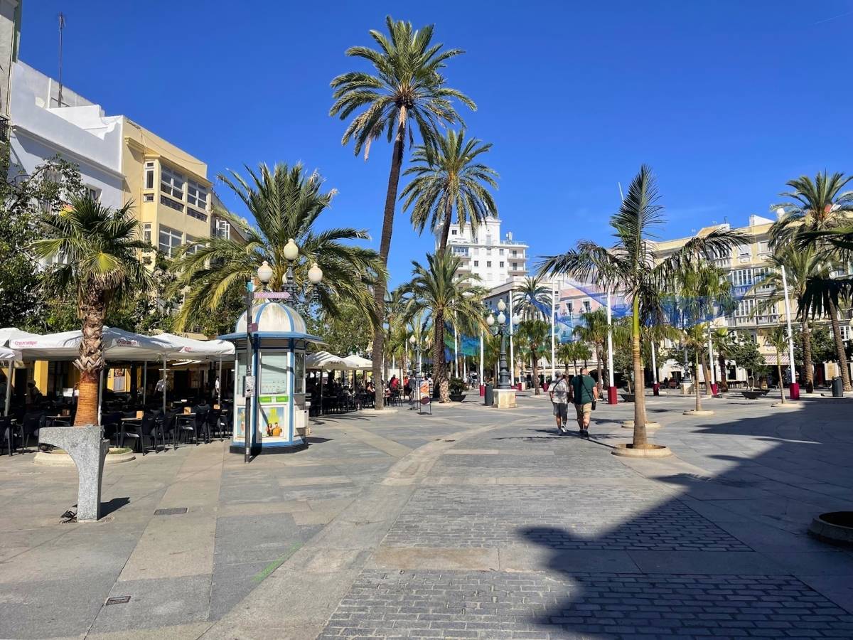 Palm-lined Plaza de San Juan de Dios in the historic center of Cádiz Spain