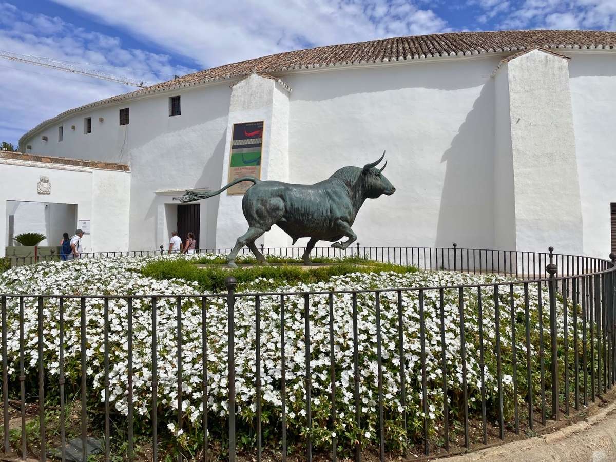 Bull statue outside the historic Plaza de Toros bullring in Ronda