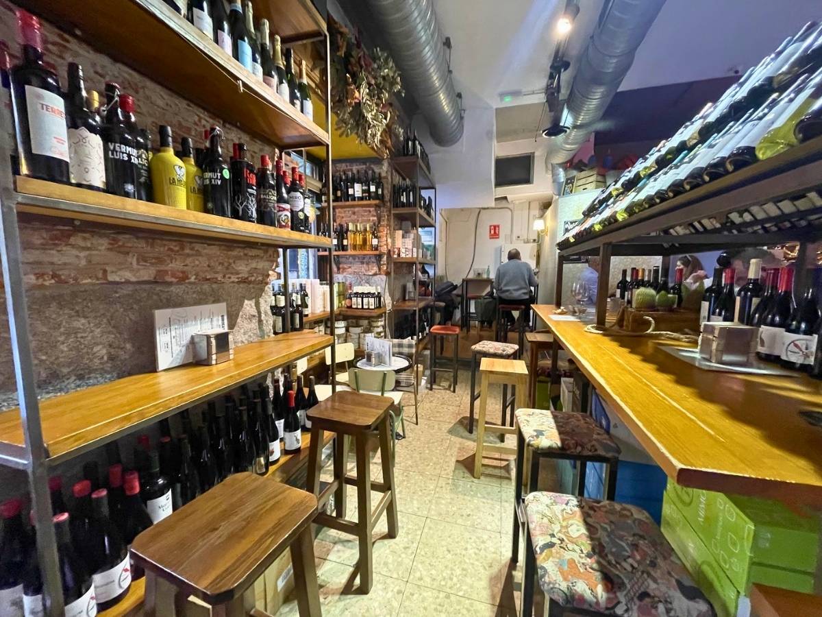 Interior of Alimentación Quiroga in Madrid with shelves of Spanish wine, vermouth, and other bottles