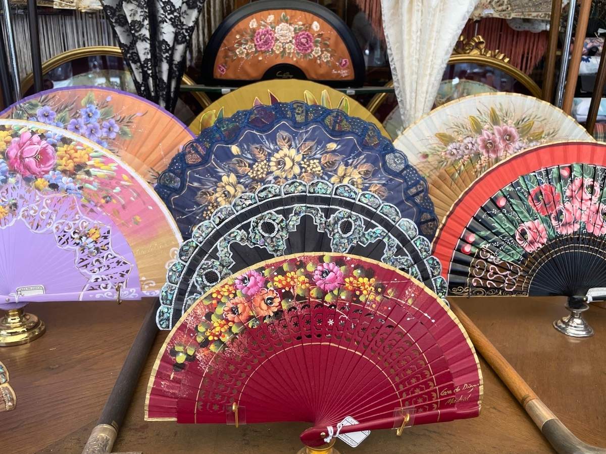 Colorful traditional Spanish hand fans on display at Casa de Diego in Madrid