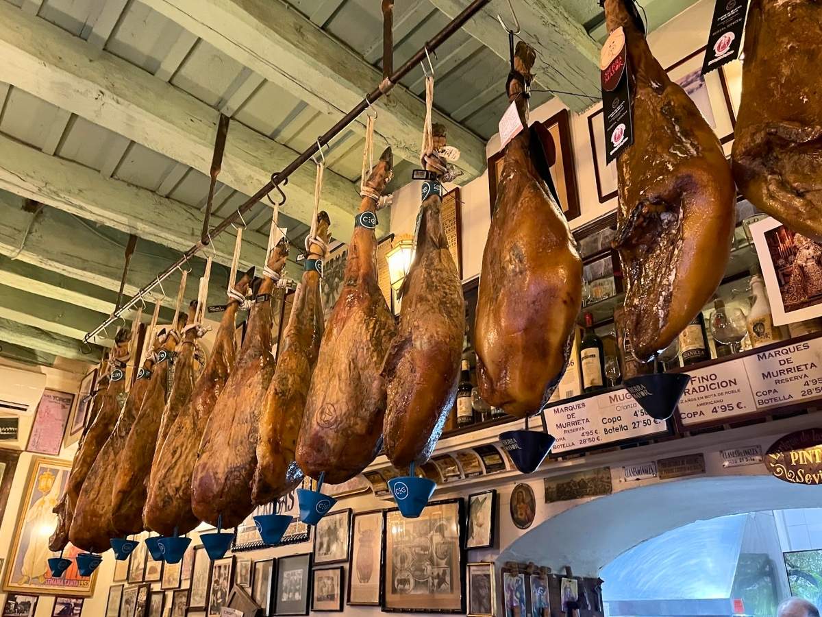 Rows of cured jamón ibérico legs hanging from the ceiling of a traditional tapas bar in Seville